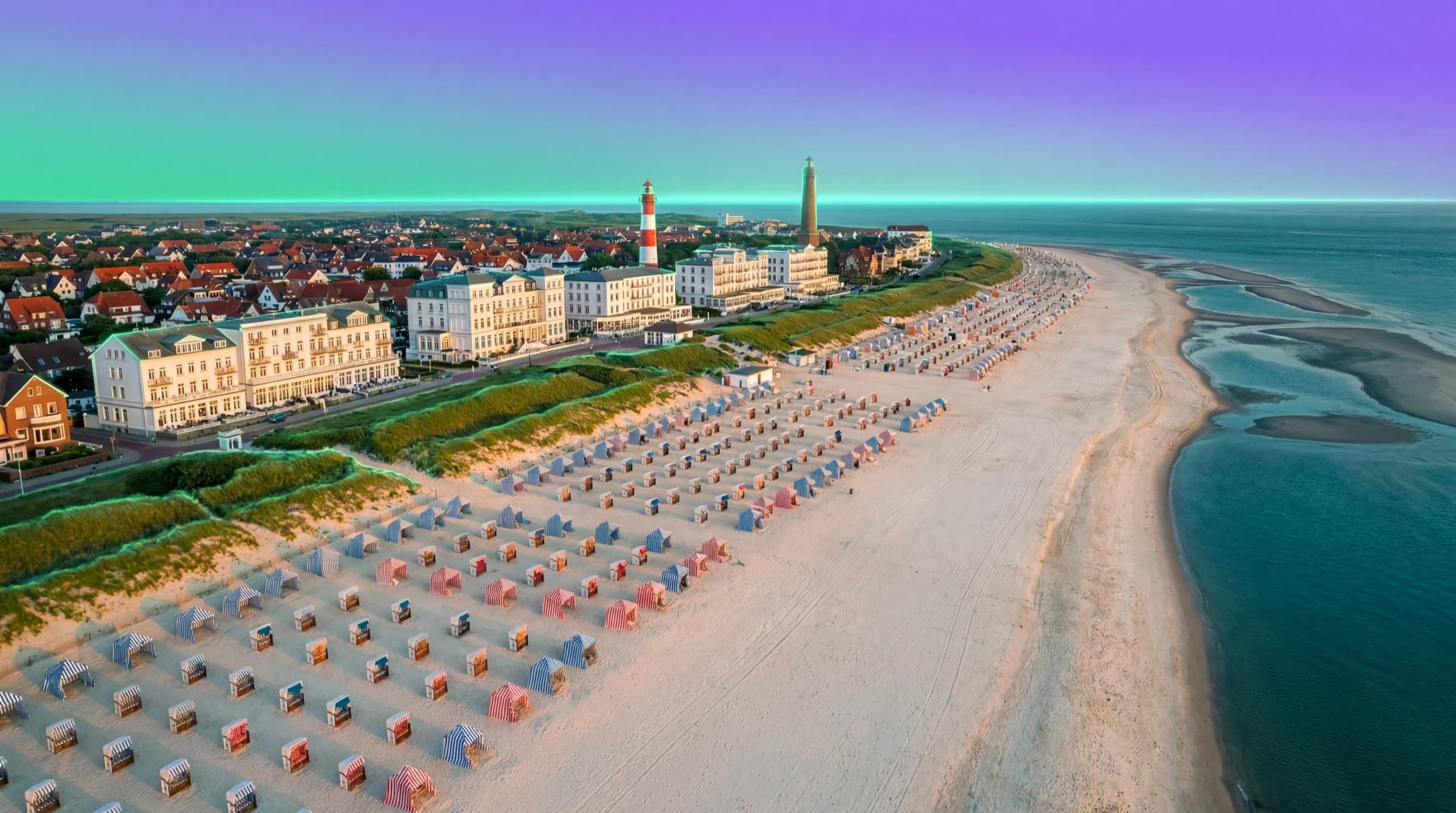 Strandkörbe am Hauptstrand von Borkum von oben