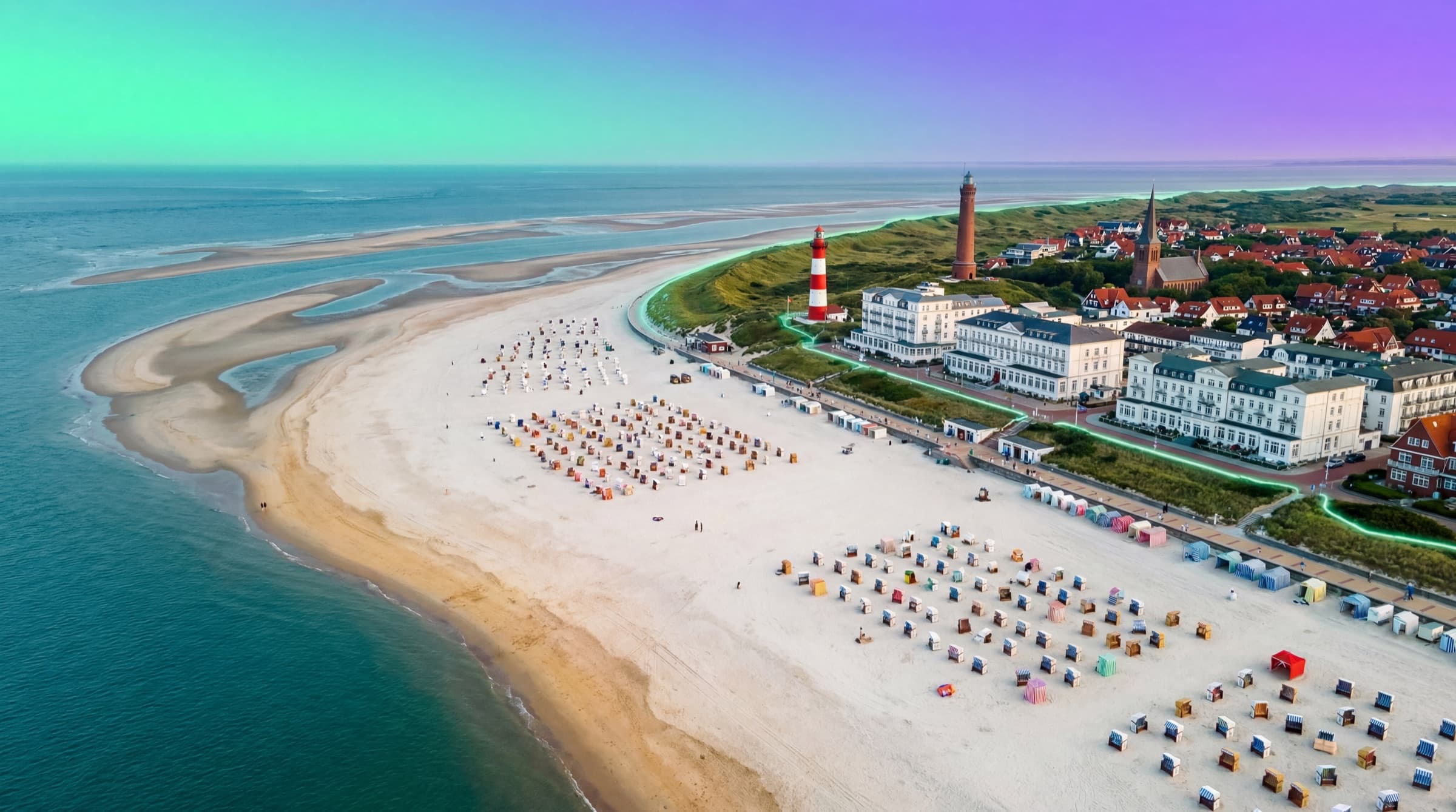 Borkum, Strand und Stadt von oben