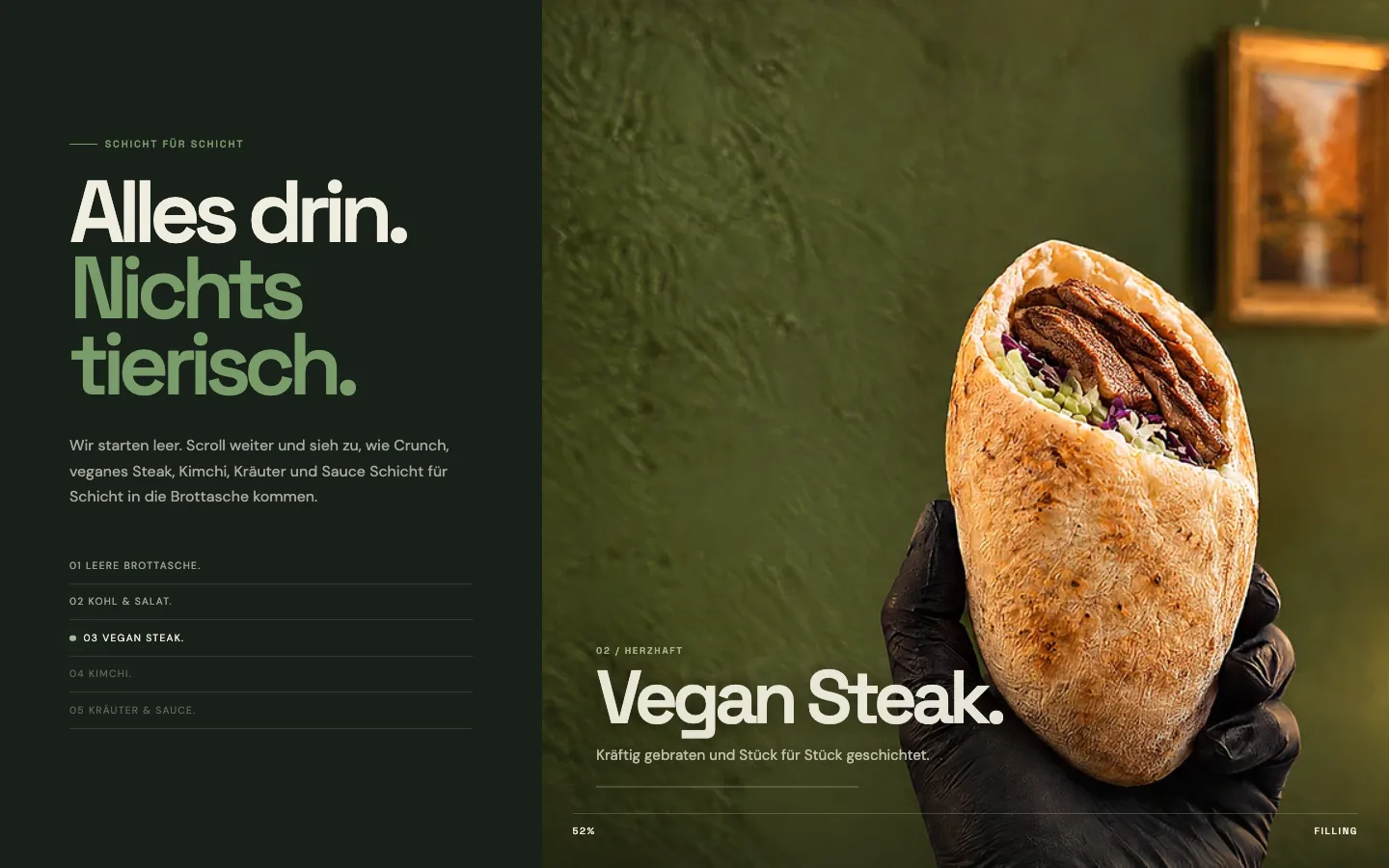 Mittlerer Zustand der Scroll-Geschichte: veganes Steak in der Brottasche
