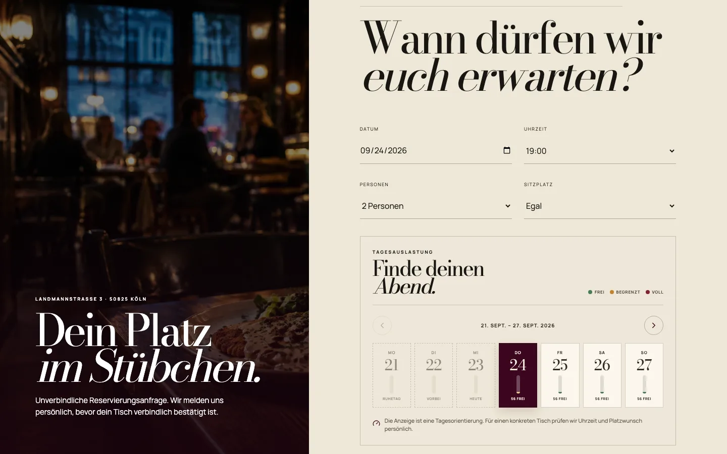 Reservierungsseite des Moselstübchens mit Datum, Uhrzeit, Personen und einem Wochenkalender zur Tagesauslastung