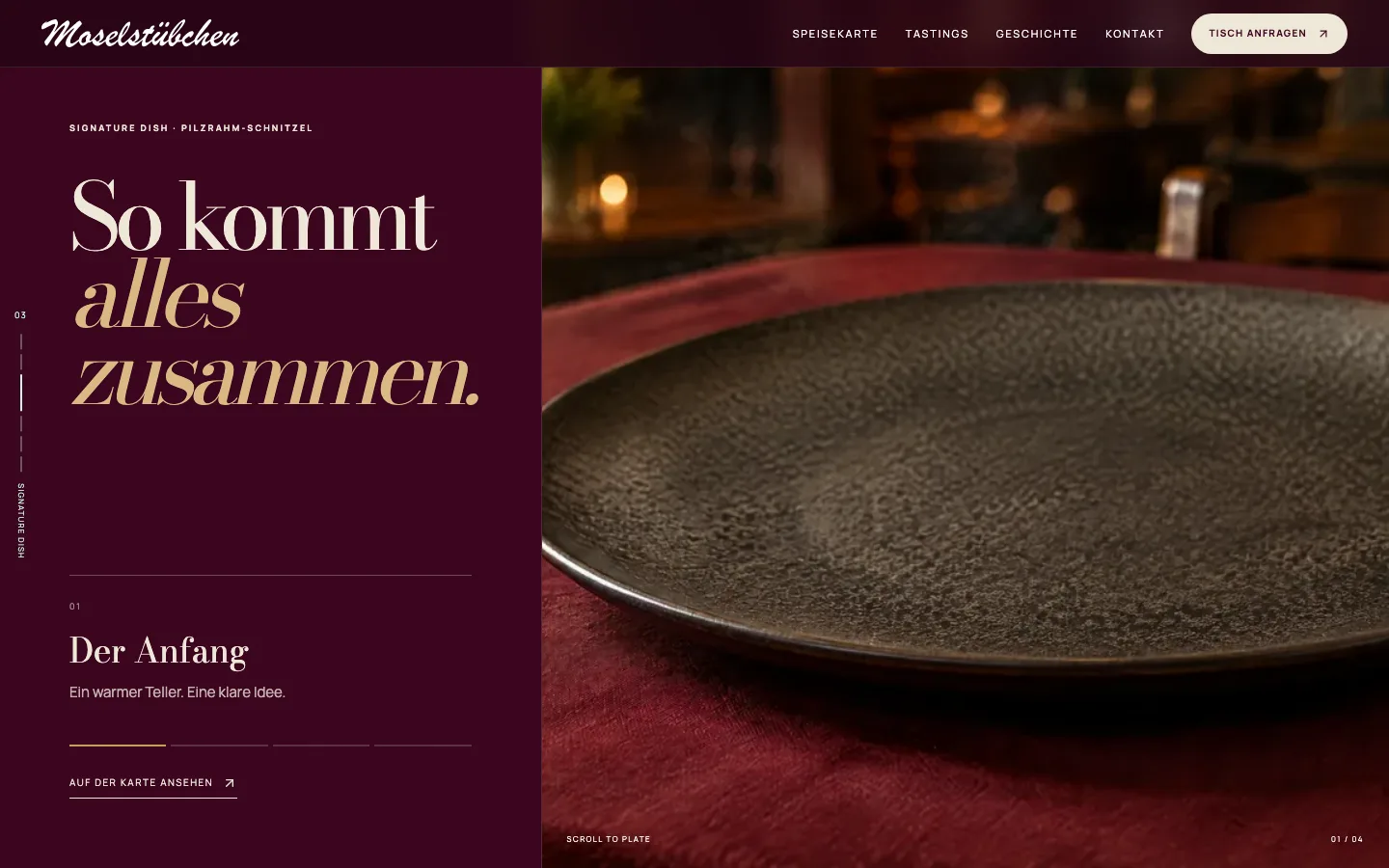 Beginn der Scroll-Geschichte zum Pilzrahm-Schnitzel mit leerem Teller