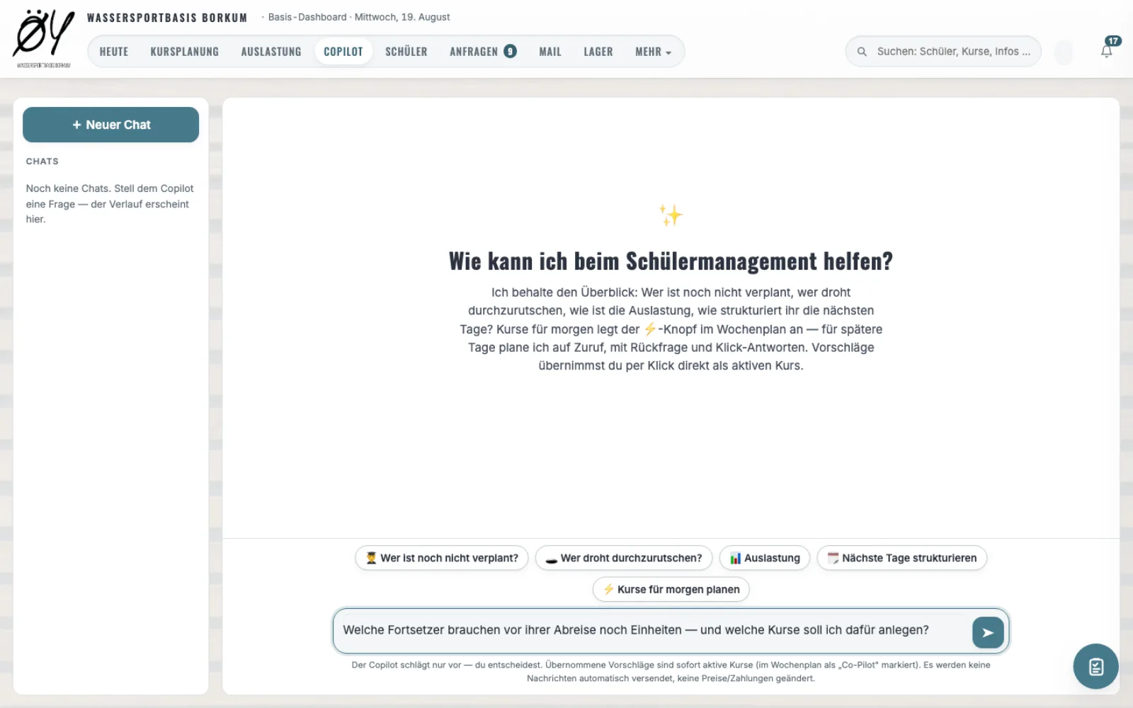 Startseite des KI-Assistenten im Dashboard mit Vorschlagsfragen