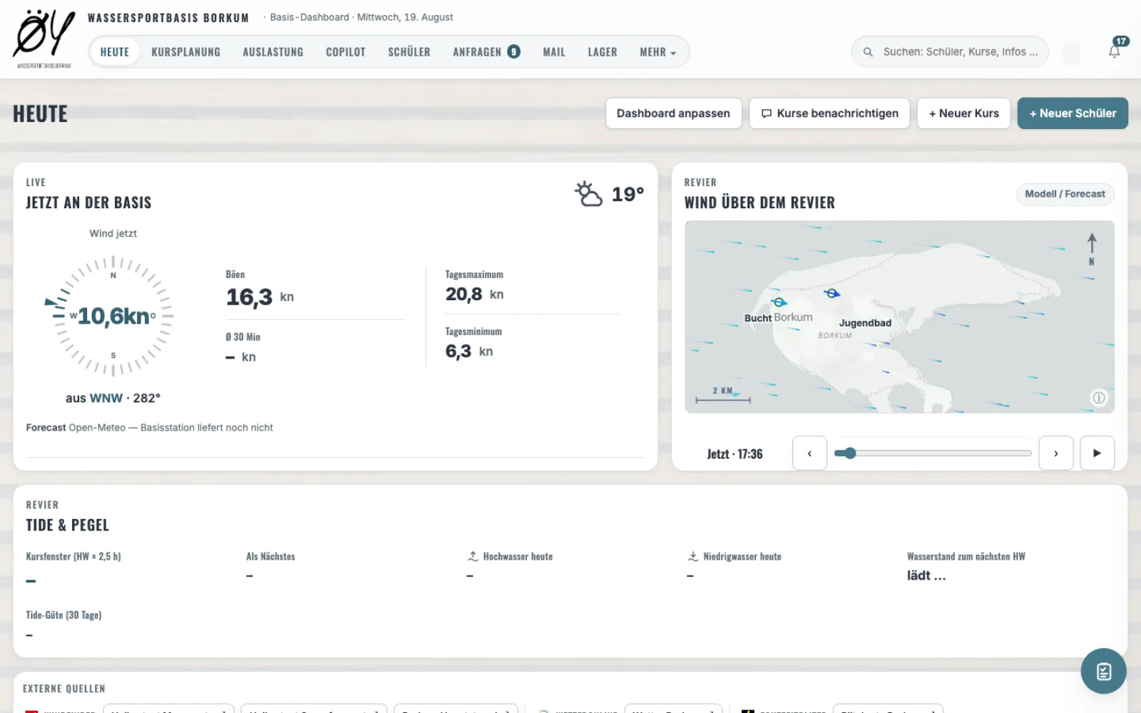 Heute-Ansicht des ÖY-Dashboards mit Live-Wind, Windkarte über dem Revier und Tide-Fenster
