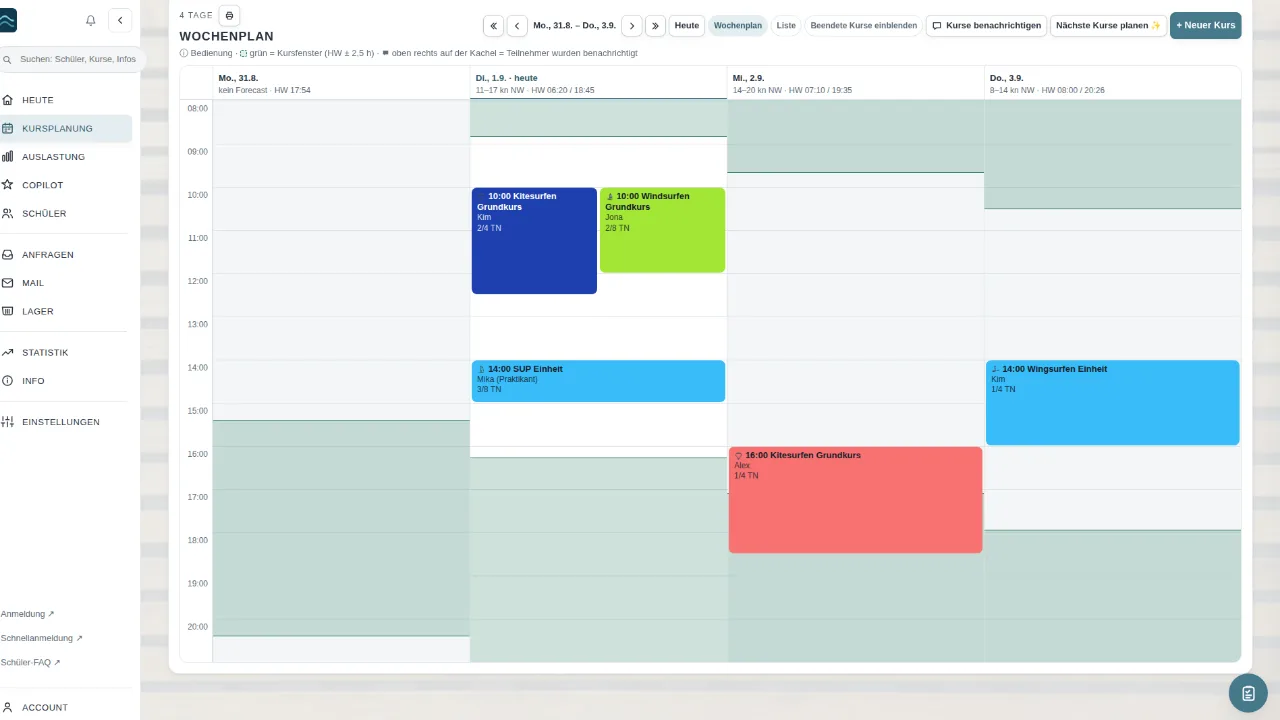 Wochenplan der Surfschul-OS-Demo mit Kurskacheln und Kursfenstern