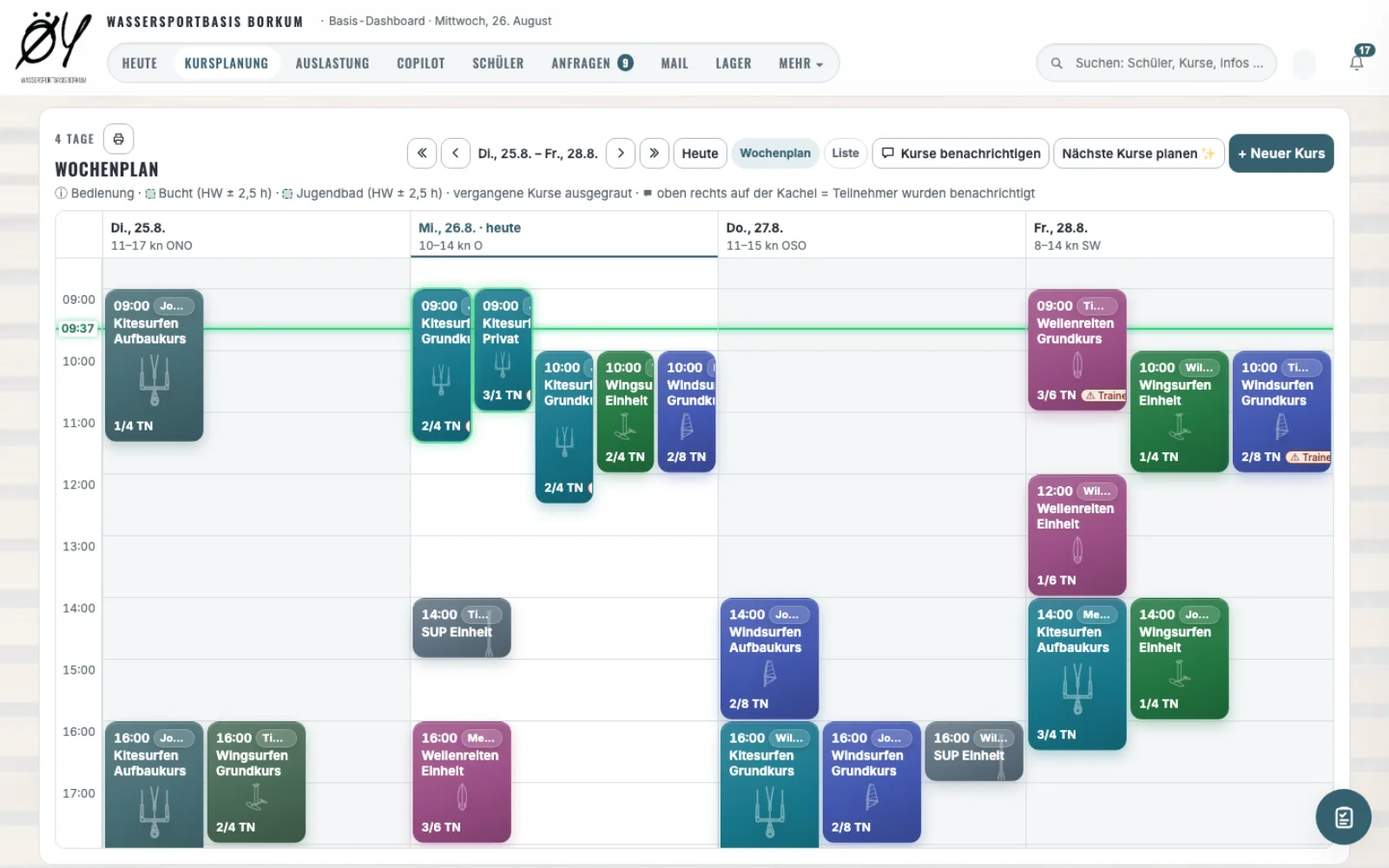 Wochenplan des Dashboards mit farbigen Kurskacheln je Sportart und Windangaben je Tag