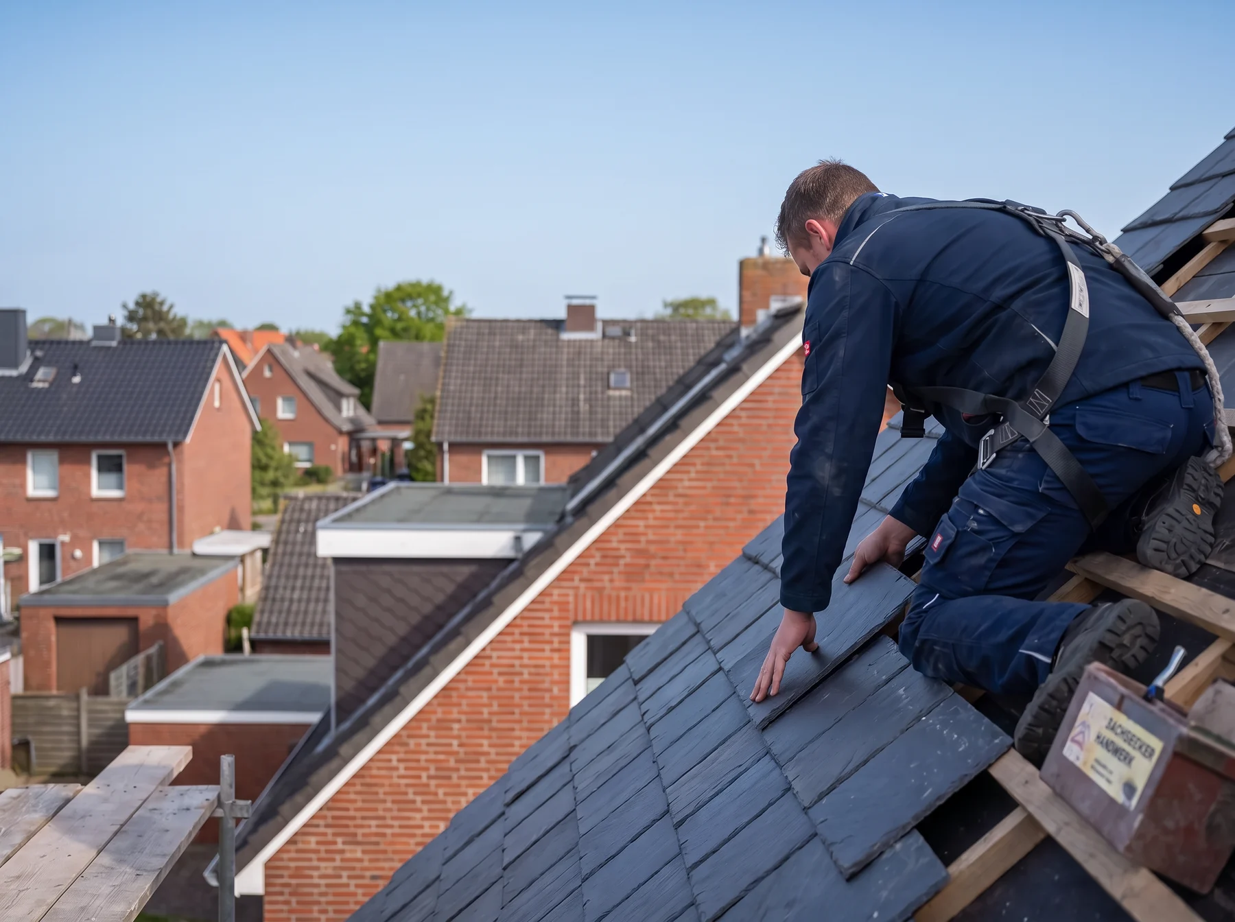 Ein Dachdecker mit Sicherungsgurt verlegt Schieferplatten auf dem Dach eines Backsteinhauses — KI-generiertes Bild