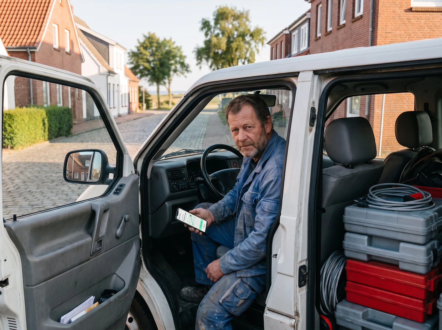Ein Mann in Arbeitskleidung sitzt bei offener Tür auf dem Fahrersitz eines Transporters, ein Handy mit einer Skizze auf dem Display in der Hand, und blickt in die Kamera; daneben stehen Werkzeugkoffer — KI-generiertes Bild