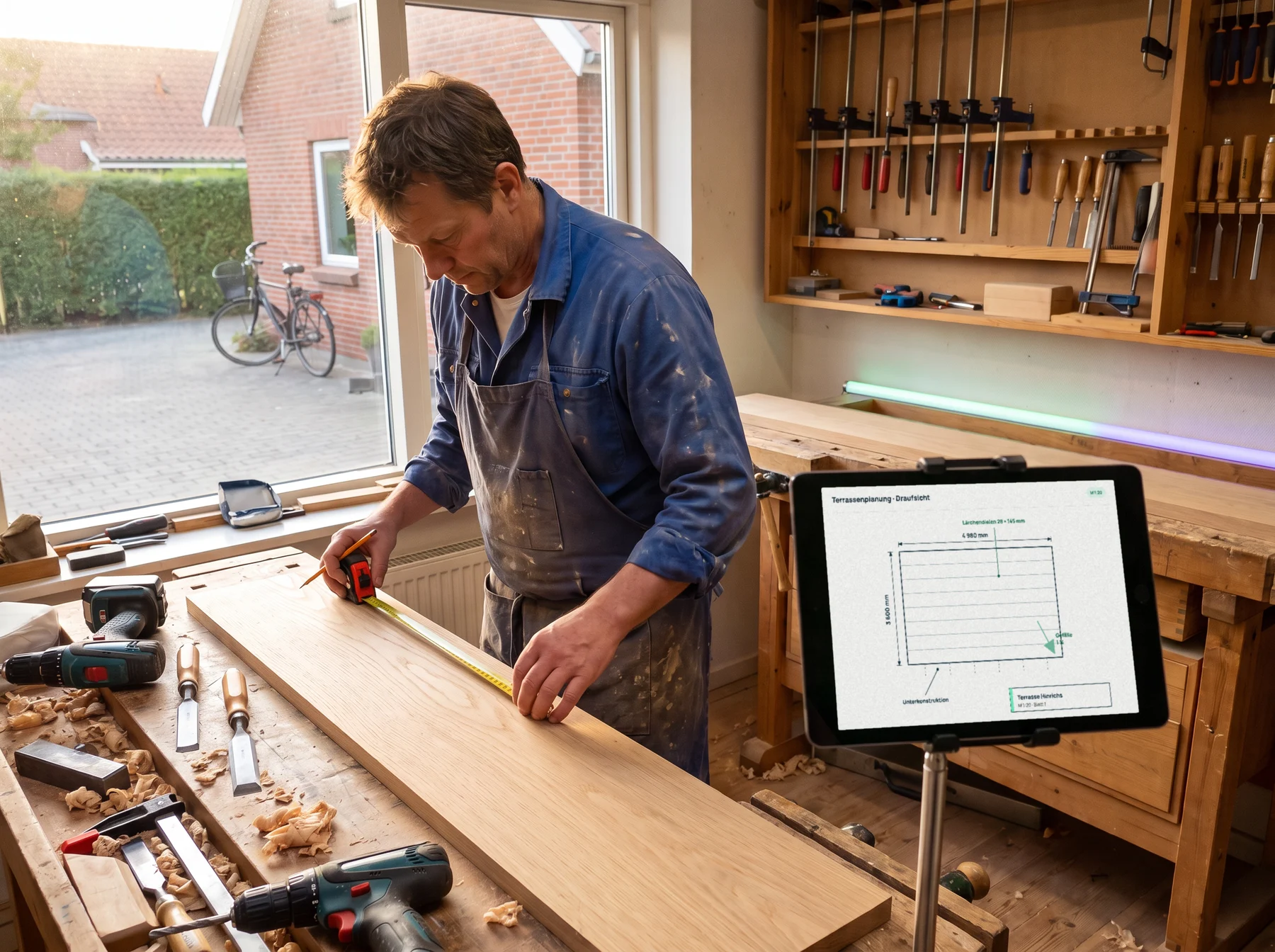 Ein Mann misst in einer Werkstatt ein Holzbrett ab, auf einem Tablet daneben ist ein Terrassenplan zu sehen — KI-generiertes Bild